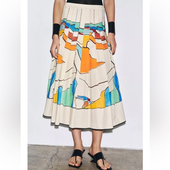 ZARA ZW Collection Printed Pleated Skirt Colorful Abstract Painting Midi - Picture 3 of 15